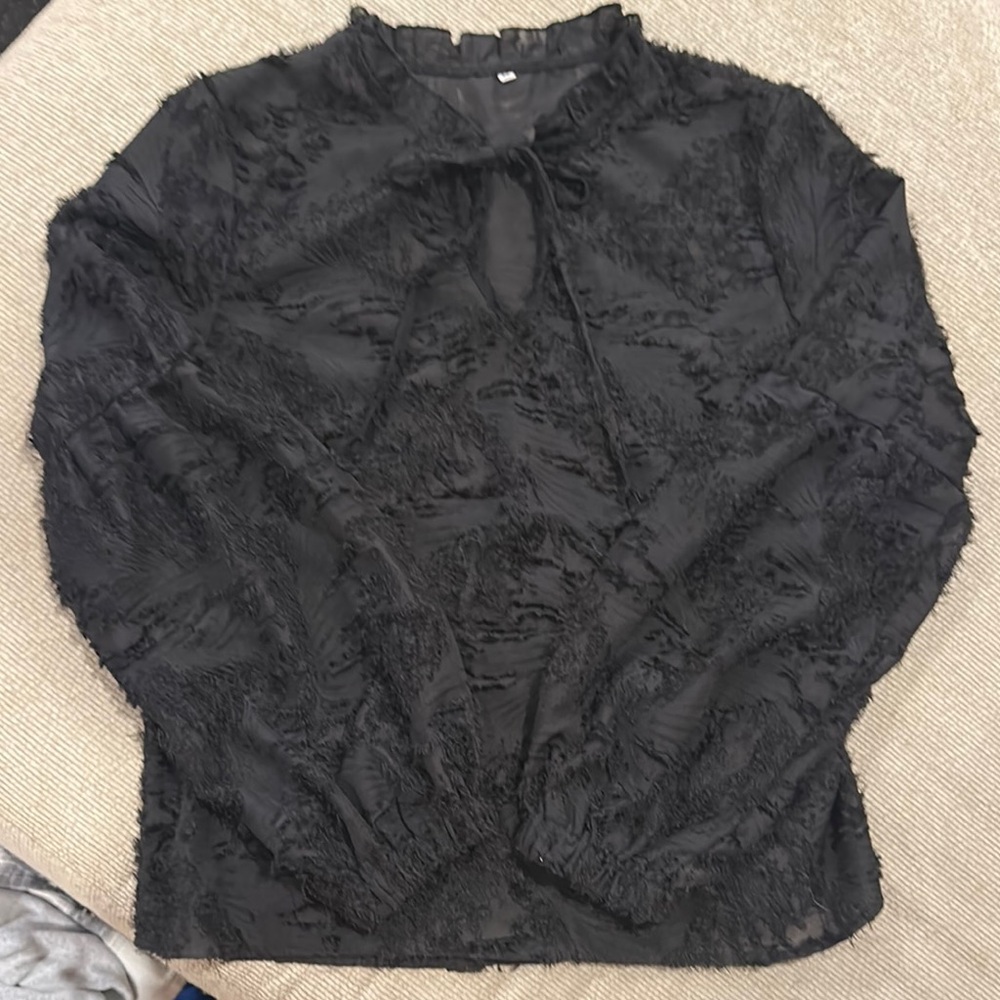 SHEIN Black Ruffled Long Sleeve Mandarin Collar Blouse